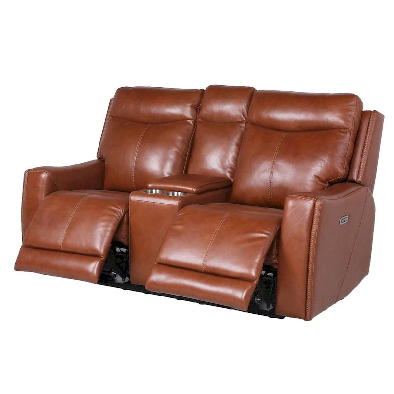 Newport Power Top Grain Leather Reclining Loveseat with Console by Greyson Living