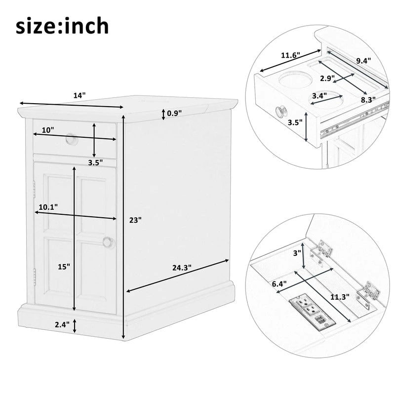 Classic Vintage Livingroom End Table Side Table with USB Ports and One Multifunctional Drawer with cup holders