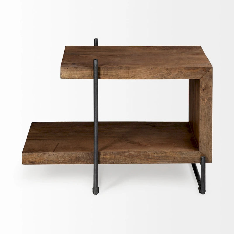 Maddox Medium Brown Solid Wood w/ Black Metal Frame C-Shaped End/Side Table