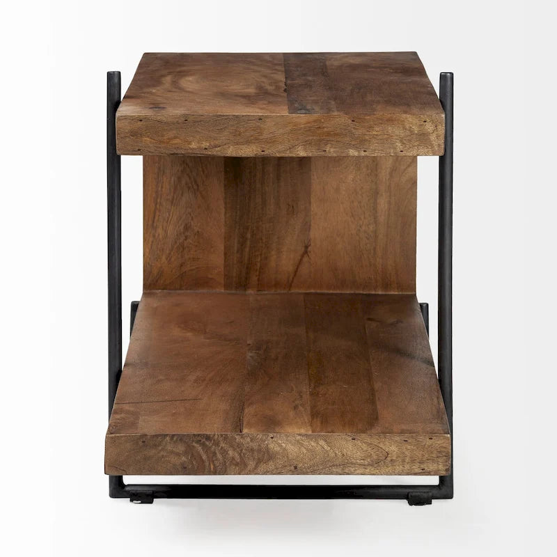 Maddox Medium Brown Solid Wood w/ Black Metal Frame C-Shaped End/Side Table