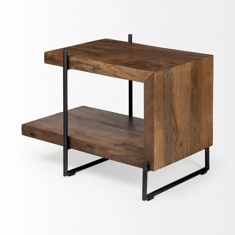 Maddox Medium Brown Solid Wood w/ Black Metal Frame C-Shaped End/Side Table