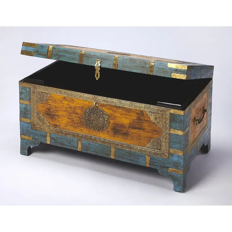 Nador Hand-Painted Brass Inlay Storage Trunk Coffee Table