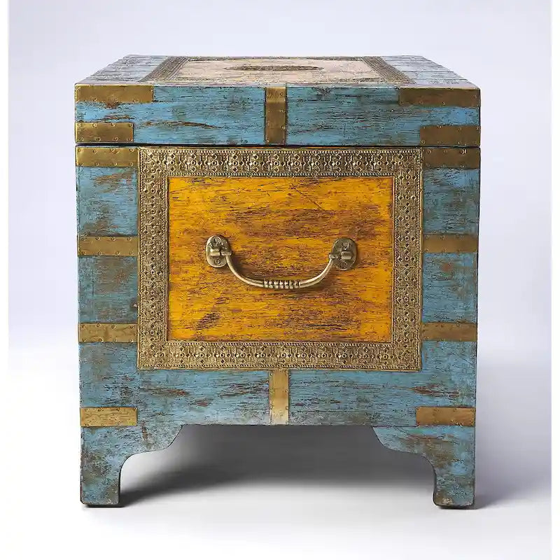 Nador Hand-Painted Brass Inlay Storage Trunk Coffee Table