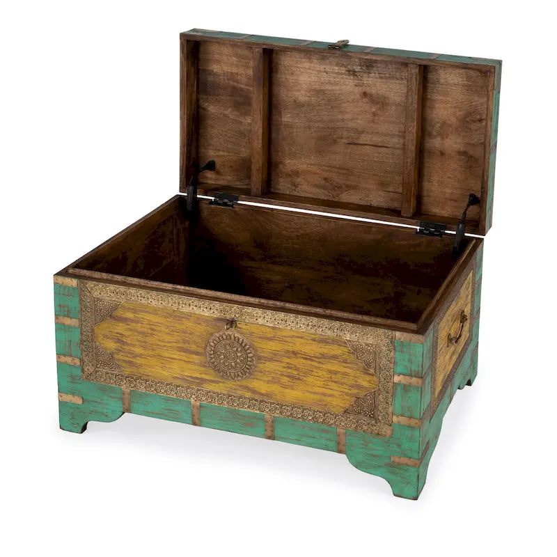 Nador Hand-Painted Brass Inlay Storage Trunk Coffee Table