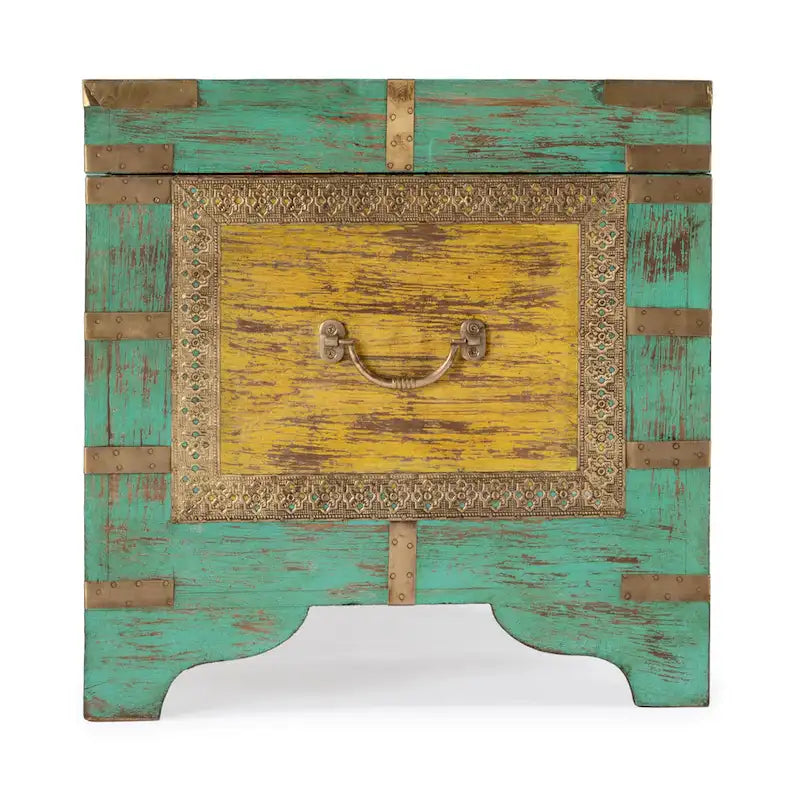 Nador Hand-Painted Brass Inlay Storage Trunk Coffee Table