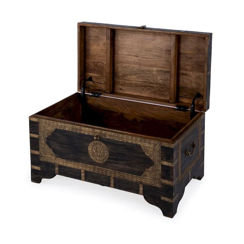 Nador Hand-Painted Brass Inlay Storage Trunk Coffee Table