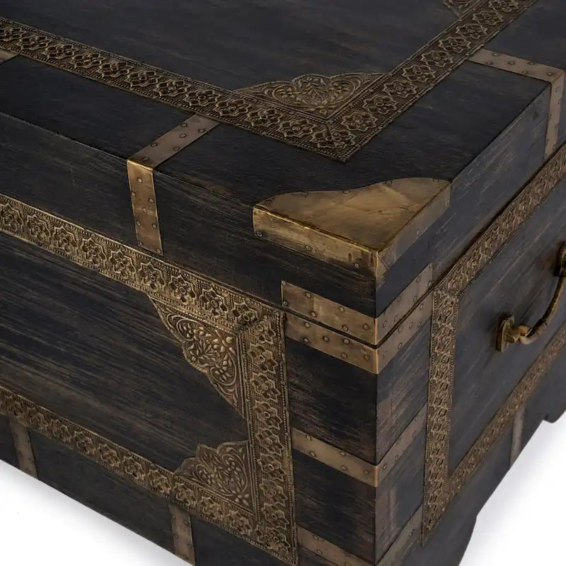 Nador Hand-Painted Brass Inlay Storage Trunk Coffee Table