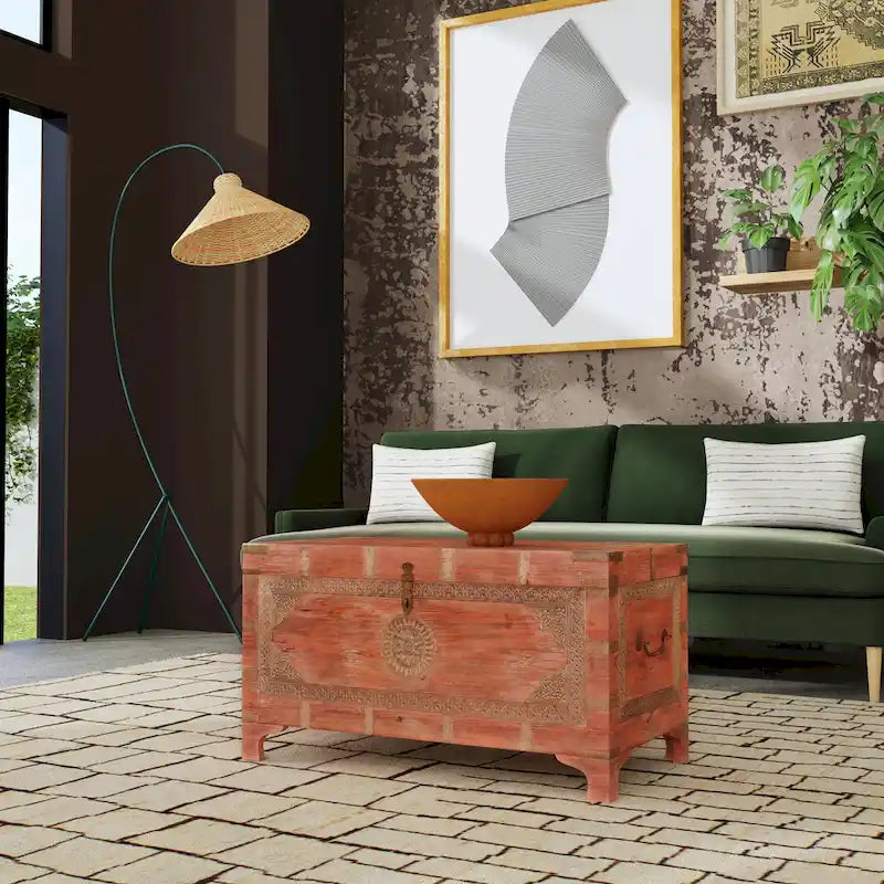 Nador Hand-Painted Brass Inlay Storage Trunk Coffee Table