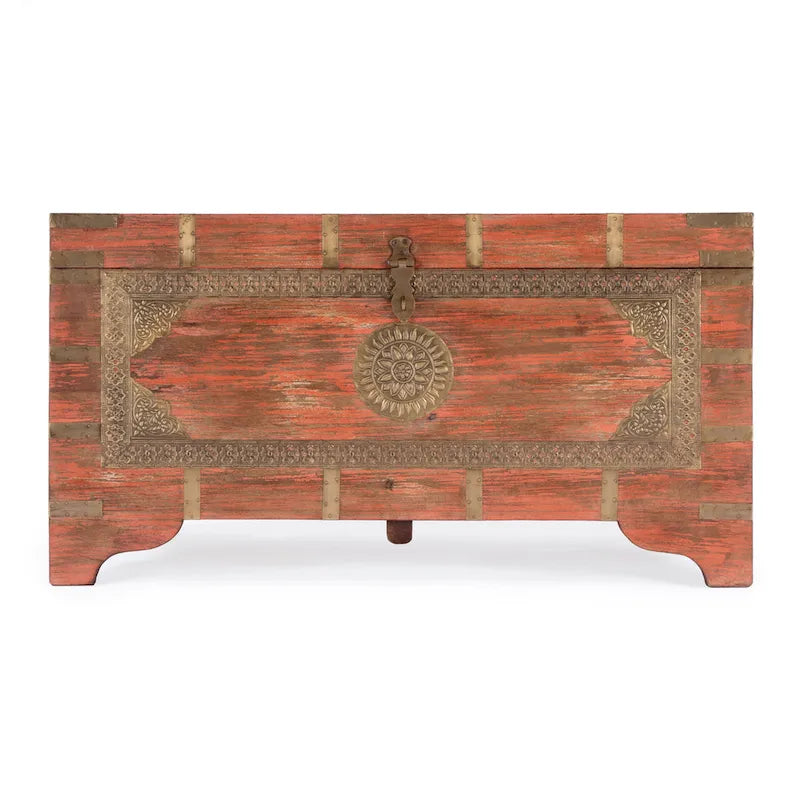 Nador Hand-Painted Brass Inlay Storage Trunk Coffee Table