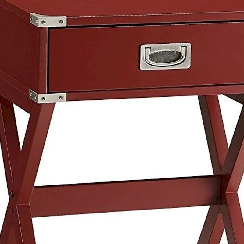 HomeRoots 24 Red Wood Cross Legs End Table With Drawer - 18 W x 16 D x 24 H
