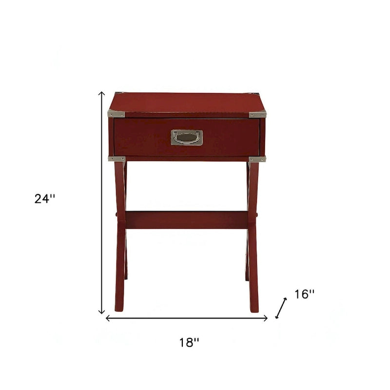 HomeRoots 24 Red Wood Cross Legs End Table With Drawer - 18 W x 16 D x 24 H