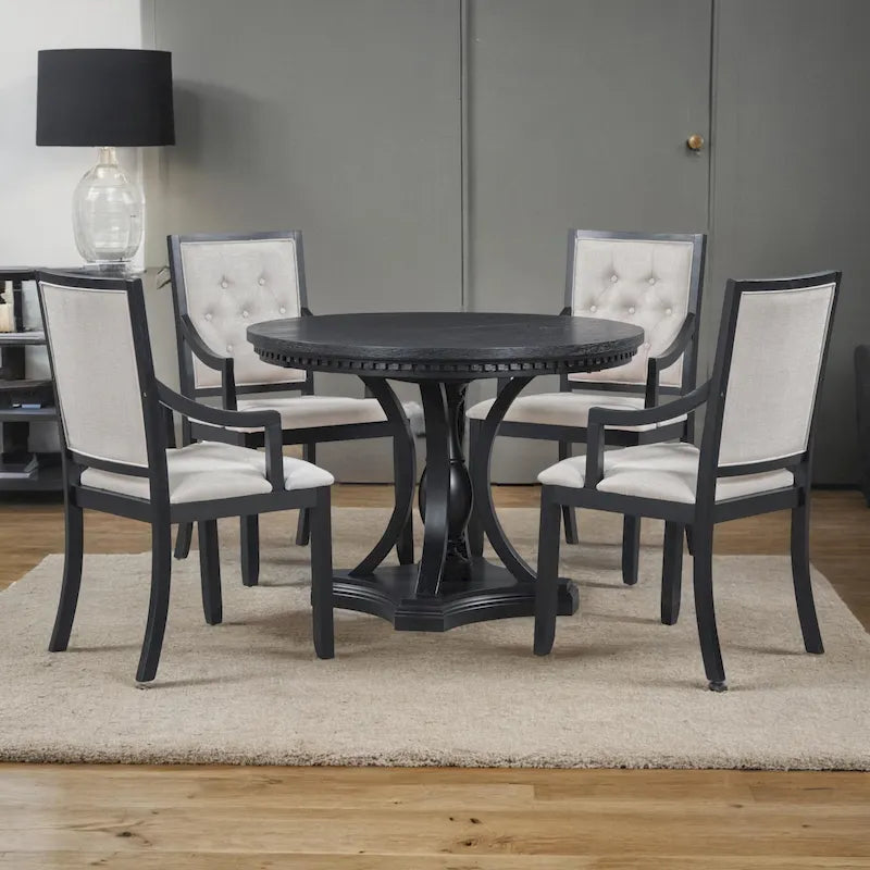 Retro 5-piece Dining Set Extendable Round Table and 4 Chairs for Kitchen Dining Room