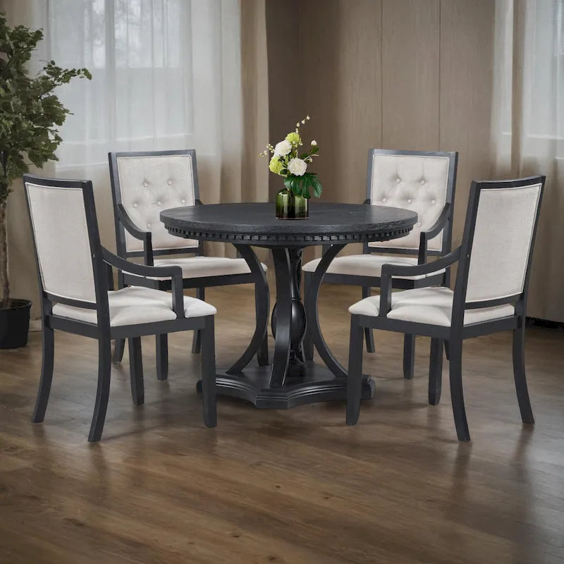 Retro 5-piece Dining Set Extendable Round Table and 4 Chairs for Kitchen Dining Room