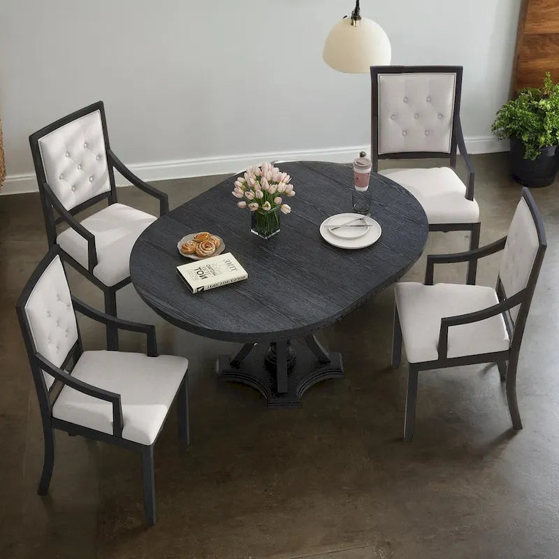 Retro 5-piece Dining Set Extendable Round Table and 4 Chairs for Kitchen Dining Room