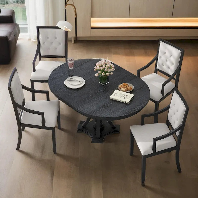 Retro 5-piece Dining Set Extendable Round Table and 4 Chairs for Kitchen Dining Room