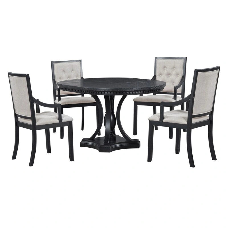 Retro 5-piece Dining Set Extendable Round Table and 4 Chairs for Kitchen Dining Room