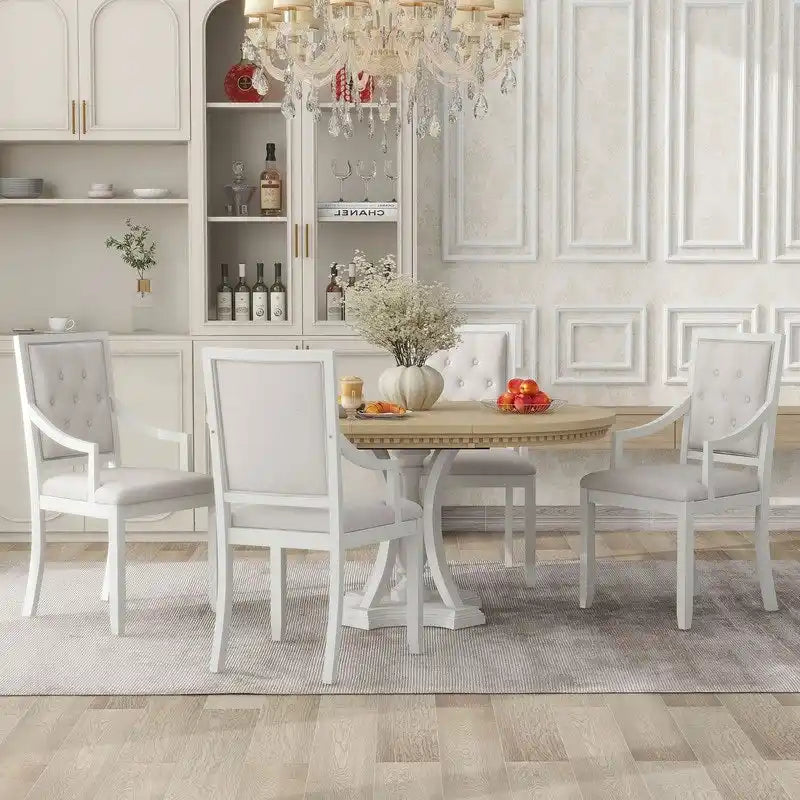 Retro 5-piece Dining Set Extendable Round Table and 4 Chairs for Kitchen Dining Room