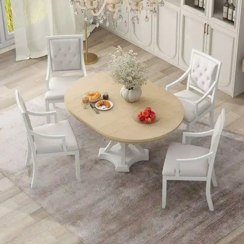Retro 5-piece Dining Set Extendable Round Table and 4 Chairs for Kitchen Dining Room