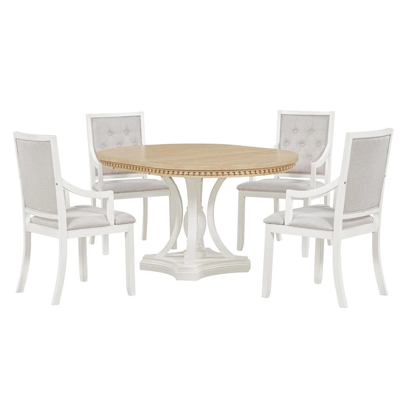 Retro 5-piece Dining Set Extendable Round Table and 4 Chairs for Kitchen Dining Room