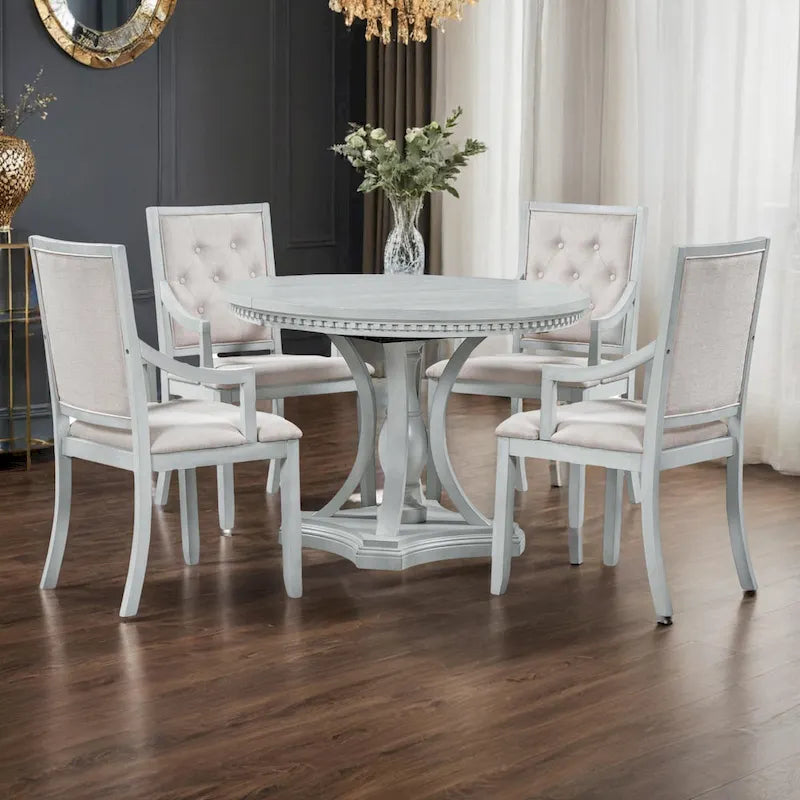 Retro 5-piece Dining Set Extendable Round Table and 4 Chairs for Kitchen Dining Room