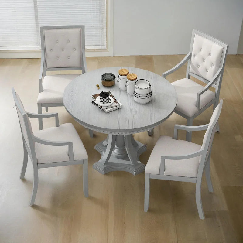 Retro 5-piece Dining Set Extendable Round Table and 4 Chairs for Kitchen Dining Room