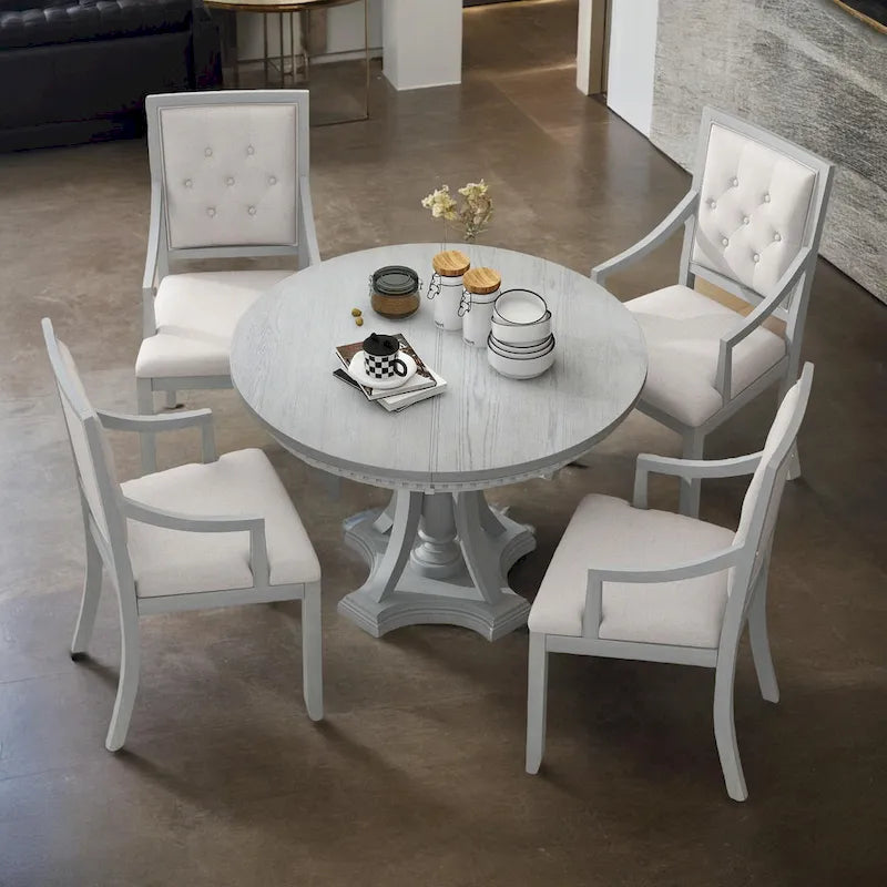 Retro 5-piece Dining Set Extendable Round Table and 4 Chairs for Kitchen Dining Room