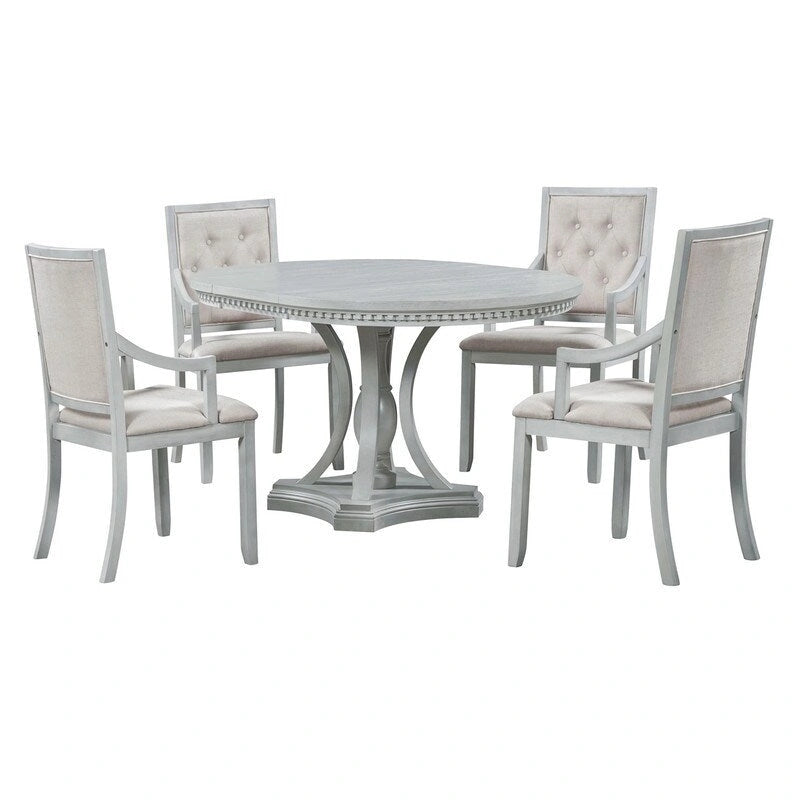 Retro 5-piece Dining Set Extendable Round Table and 4 Chairs for Kitchen Dining Room