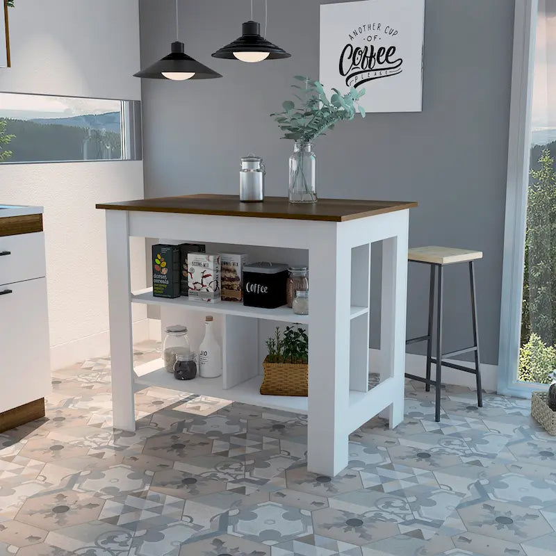 FM Furniture Brooklyn Kitchen Island, Three Concealed Shelves