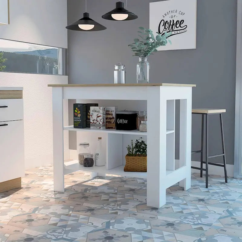 FM Furniture Brooklyn Kitchen Island, Three Concealed Shelves