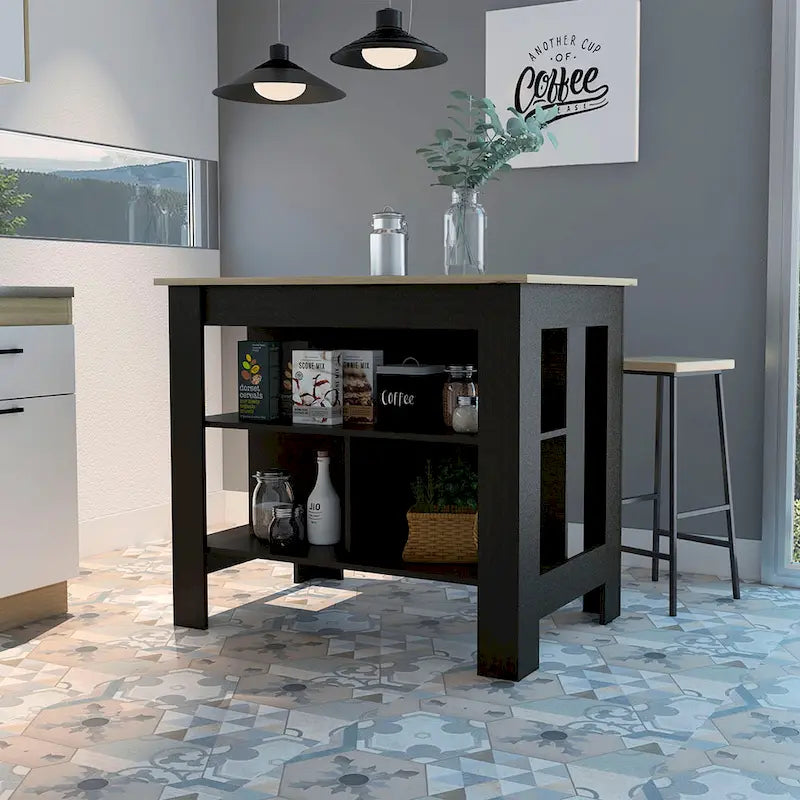 FM Furniture Brooklyn Kitchen Island, Three Concealed Shelves