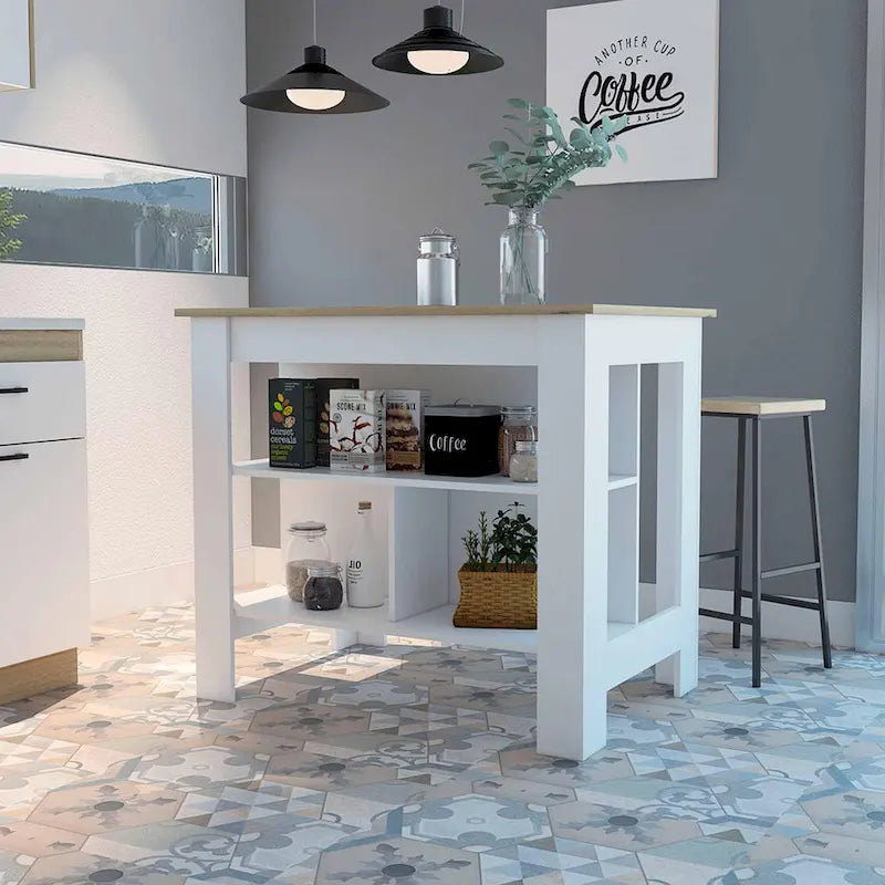 FM Furniture Brooklyn Kitchen Island, Three Concealed Shelves