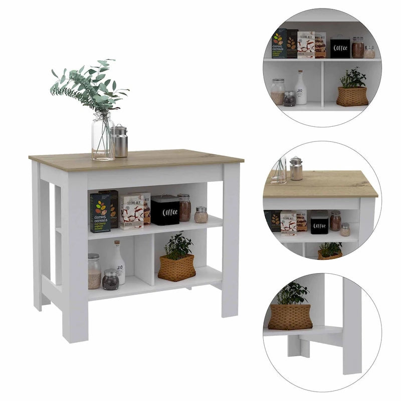 FM Furniture Brooklyn Kitchen Island, Three Concealed Shelves