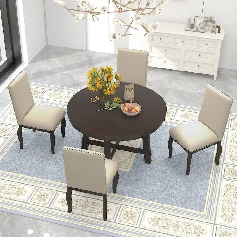 5-Piece Extendable Dining Table Set with Upholstered Chairs