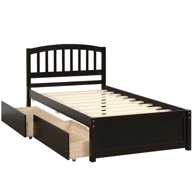Nestfair Twin Size Wood Platform Bed with Two Drawers and Headboard