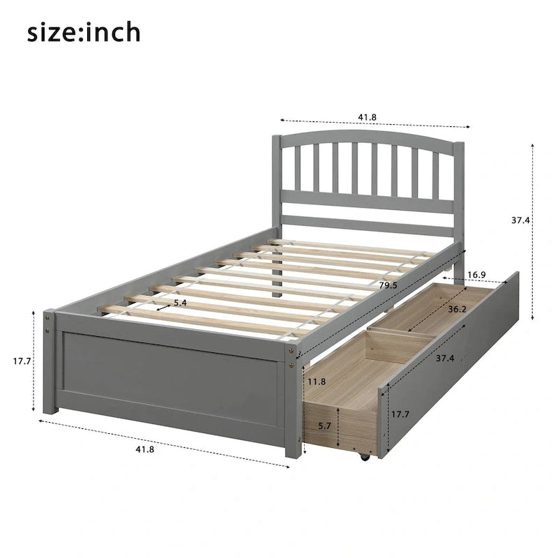 Nestfair Twin Size Wood Platform Bed with Two Drawers and Headboard