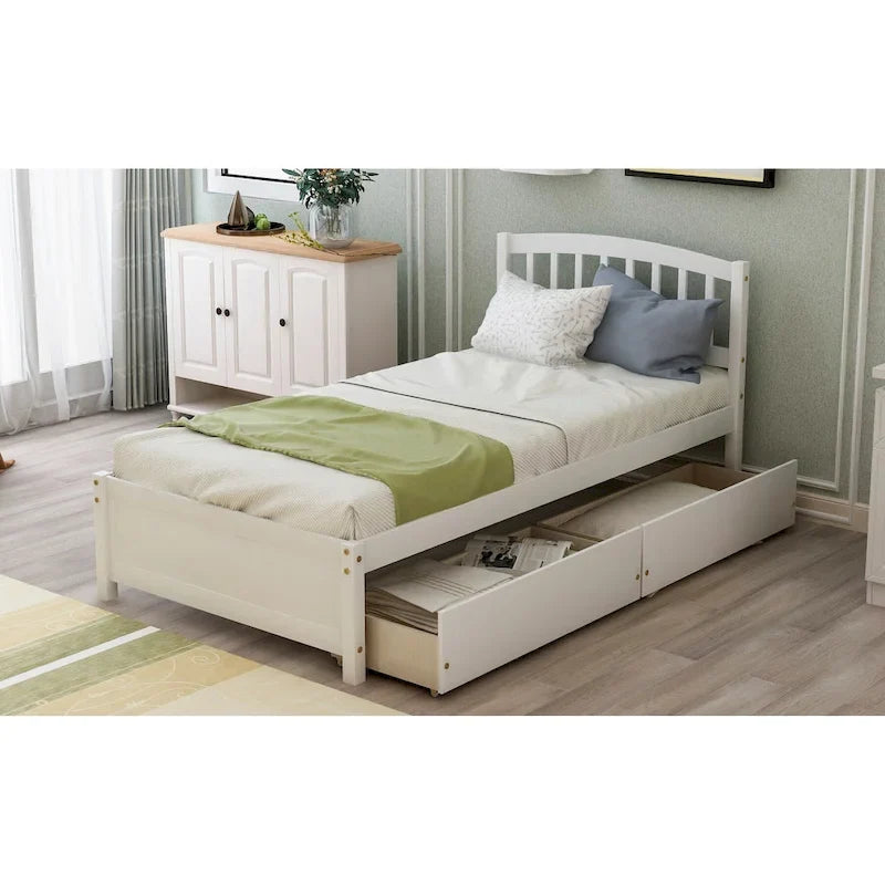 Nestfair Twin Size Wood Platform Bed with Two Drawers and Headboard