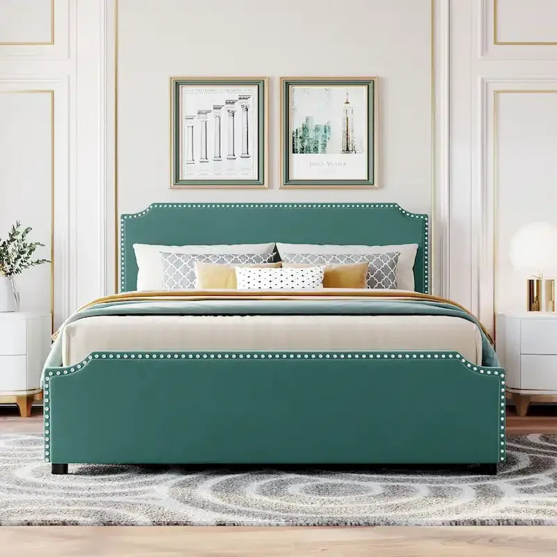 Upholstered Platform Bed with Stud Trim Headboard and Footboard and 4 Drawers No Box Spring Needed, Velvet Fabric