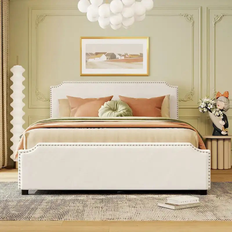 Upholstered Platform Bed with Stud Trim Headboard and Footboard and 4 Drawers No Box Spring Needed, Velvet Fabric