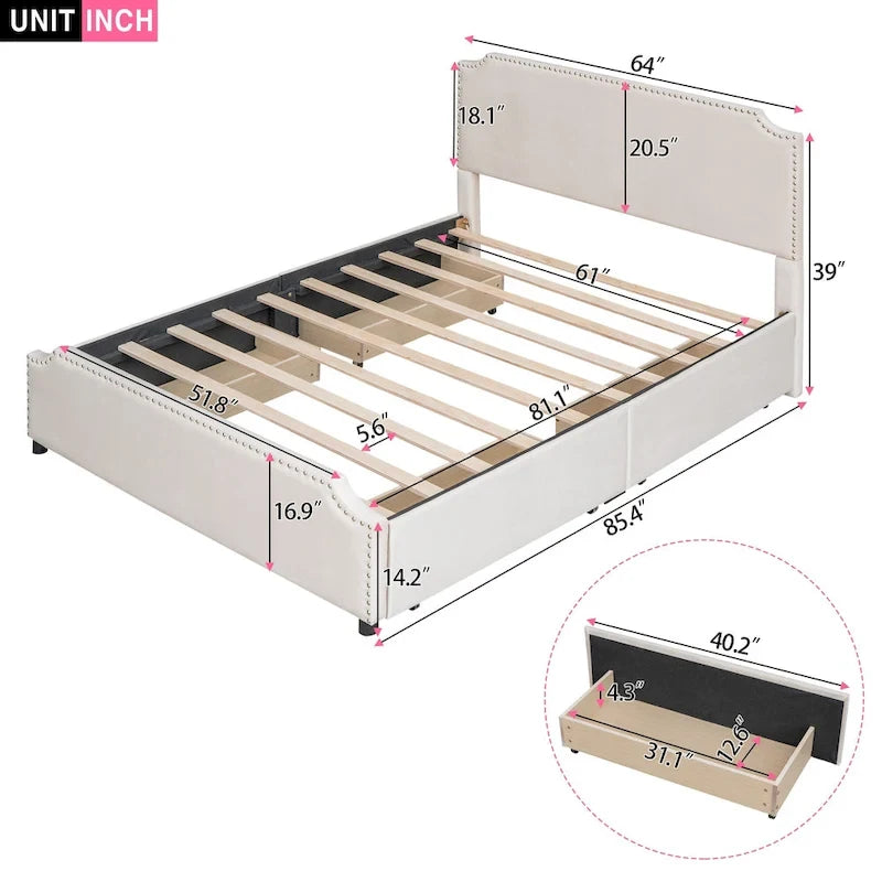 Upholstered Platform Bed with Stud Trim Headboard and Footboard and 4 Drawers No Box Spring Needed, Velvet Fabric