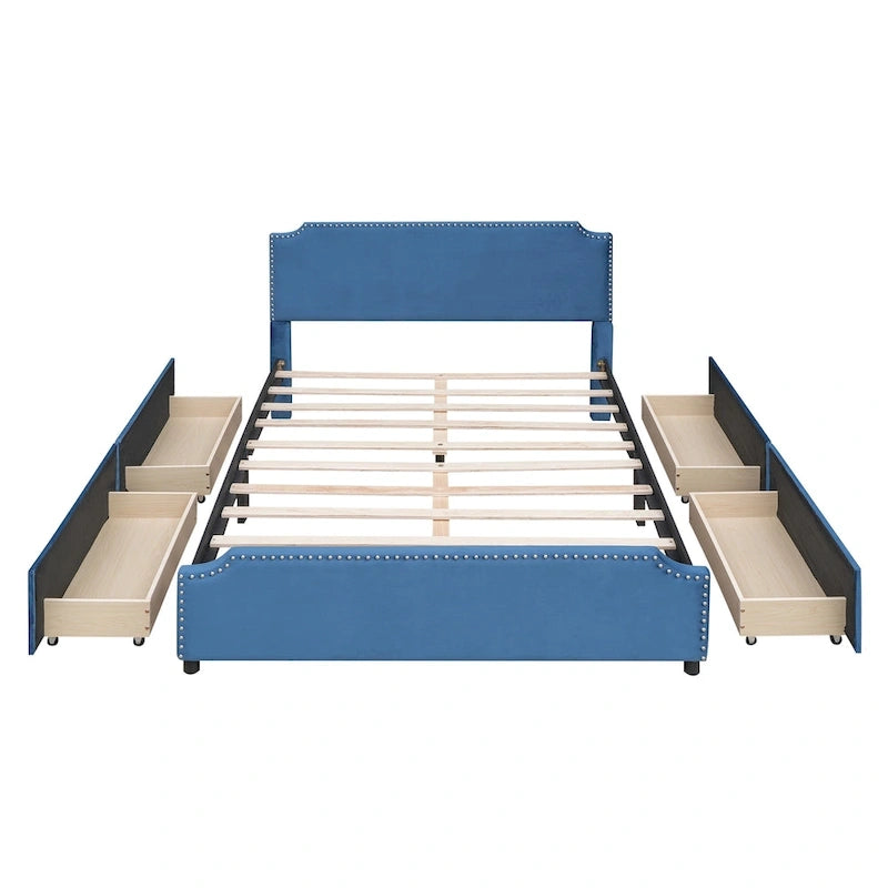 Upholstered Platform Bed with Stud Trim Headboard and Footboard and 4 Drawers No Box Spring Needed, Velvet Fabric