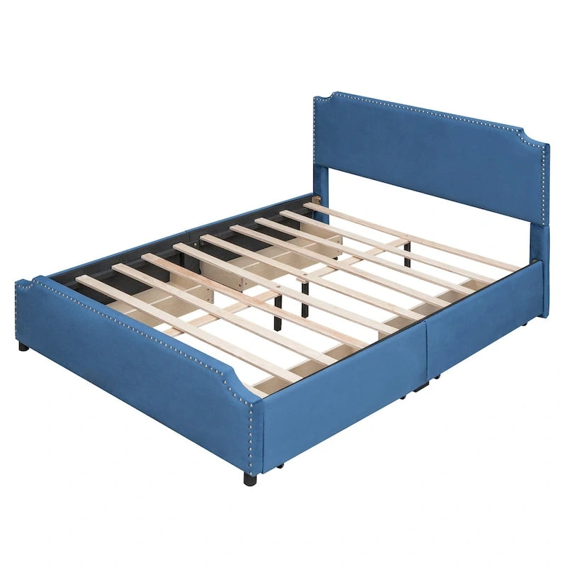 Upholstered Platform Bed with Stud Trim Headboard and Footboard and 4 Drawers No Box Spring Needed, Velvet Fabric