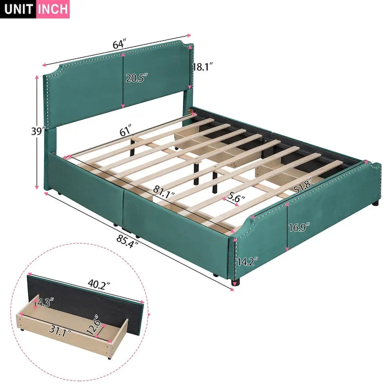 Upholstered Platform Bed with Stud Trim Headboard and Footboard and 4 Drawers No Box Spring Needed, Velvet Fabric