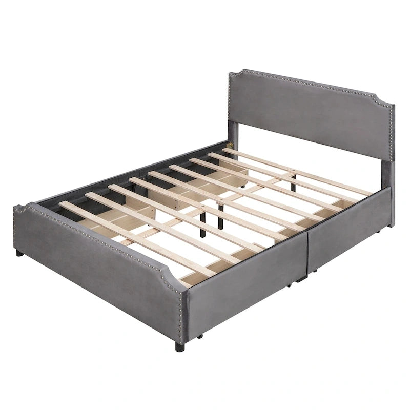 Upholstered Platform Bed with Stud Trim Headboard and Footboard and 4 Drawers No Box Spring Needed, Velvet Fabric
