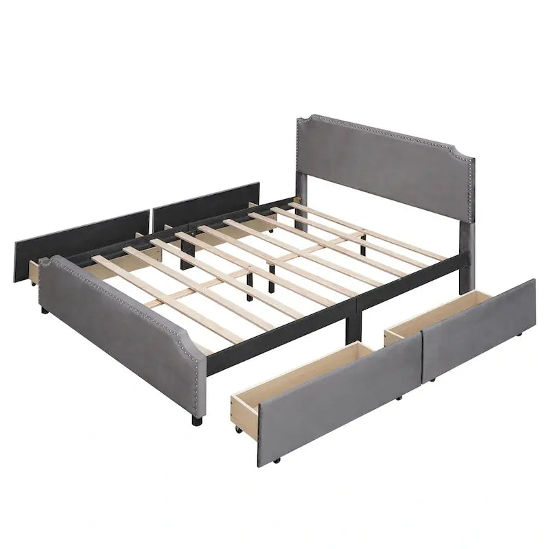 Upholstered Platform Bed with Stud Trim Headboard and Footboard and 4 Drawers No Box Spring Needed, Velvet Fabric