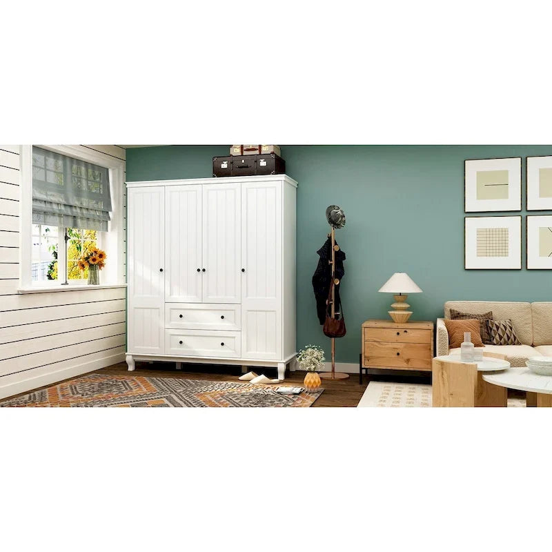 Home Traditional 2 Drawer Freestanding Wood Armoire in White Lacquer - 63 Wx71.3 