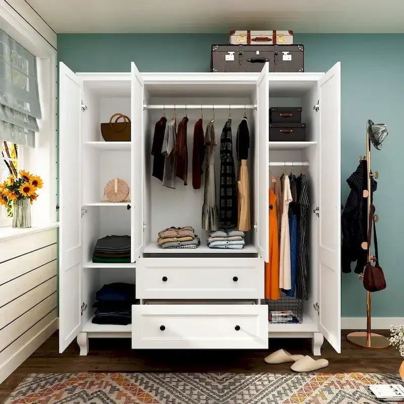 Home Traditional 2 Drawer Freestanding Wood Armoire in White Lacquer - 63 Wx71.3