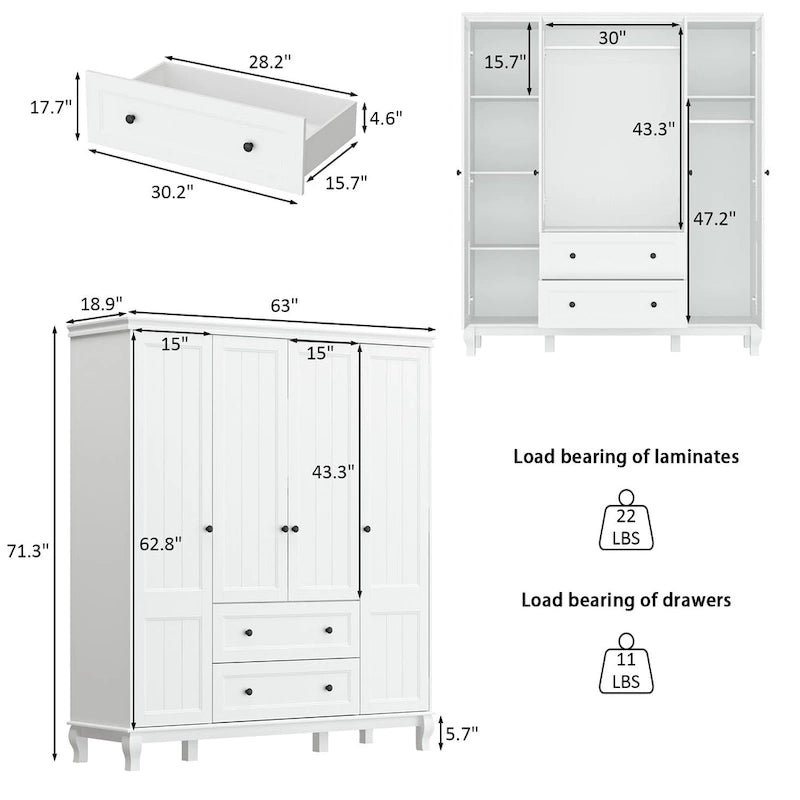 Home Traditional 2 Drawer Freestanding Wood Armoire in White Lacquer - 63 Wx71.3