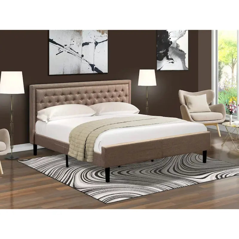East West Furniture Platform Bed - Linen Fabric Bed - Headboard with Button Tufted Trim Design - (Size/Color options)