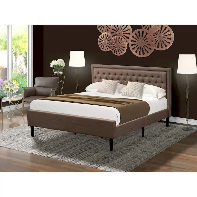 East West Furniture Platform Bed - Linen Fabric Bed - Headboard with Button Tufted Trim Design - (Size/Color options)