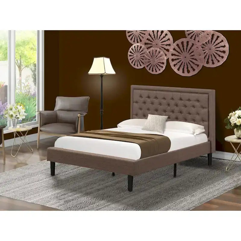 East West Furniture Platform Bed - Linen Fabric Bed - Headboard with Button Tufted Trim Design - (Size/Color options)
